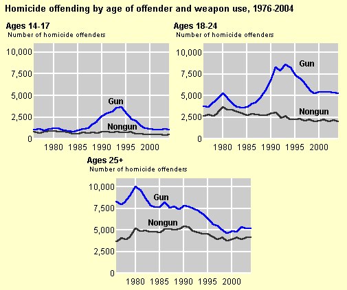 Balkendiagramm, das die Homicide-Offending-Rates nach Alter des Täters und Waffentyp von 1976 bis 2004 zeigt, mit begleitendem erklärendem Text.