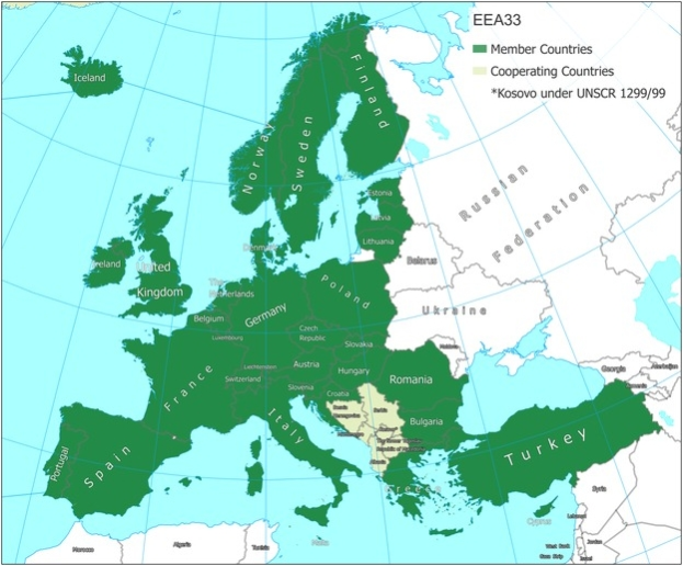 Eine detaillierte Karte von Europa, die die Mitgliedstaaten der Europäischen Union hervorhebt, mit wichtigen Städten, Flüssen und Grenzen, begleitet von Text, der Länder- und Grenzinformationen bereitstellt.