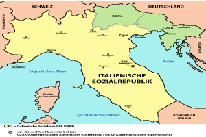 Detailierte Karte der Italienischen Sozialistischen Republik mit beschrifteten Regionen, Städten, Dörfern und geografischen Merkmalen, begleitet von Text, der Bevölkerung, Geschichte und kulturelle Informationen bereitstellt.