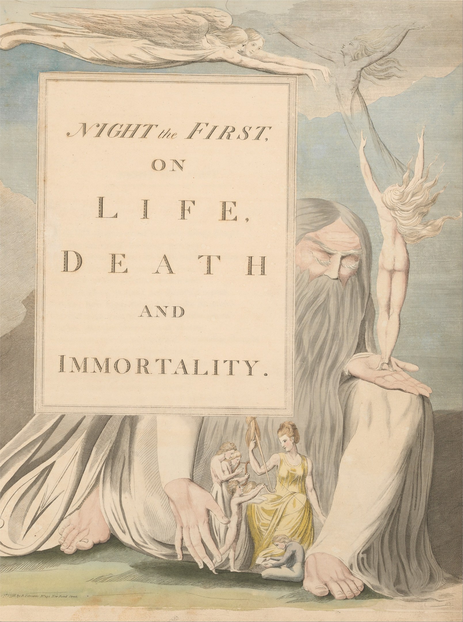 Ein Plakat mit einer leuchtenden Painting von Menschen, die in einem Kreis unter einem hellen Licht stehen, mit fetter Schrift, die "Night the First on Life, Death and Immortality" liest.