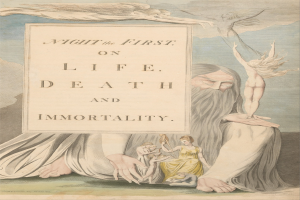 Ein Plakat mit einer leuchtenden Painting von Menschen, die in einem Kreis unter einem hellen Licht stehen, mit fetter Schrift, die "Night the First on Life, Death and Immortality" liest.