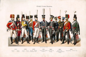 Schwarzes und weißes Foto von 1836 deutschen Infanteristen in Uniform, die in einer Reihe stehen und verschiedene Gegenstände halten, mit dem Text "1836 deutsche Infanterie" unten.