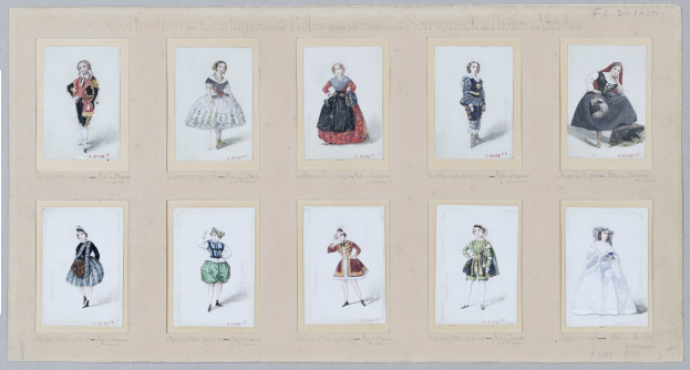 Eine Sammlung von farbenfrohen Frauenkostümen, einschließlich Kleider, mit detaillierten Designs und Mustern, die neben mutigem Text auf Papier angezeigt werden.