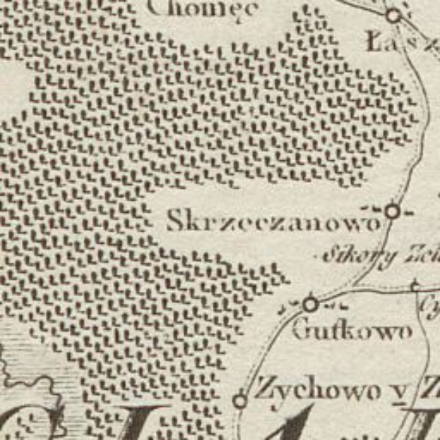Ein detaillierter alter Stadtplan von Skrzeczanowo, der Straßen, Gebäude, Sehenswürdigkeiten und Text mit Informationen über die Einwohnerzahl, Lage und Geschichte der Stadt zeigt.