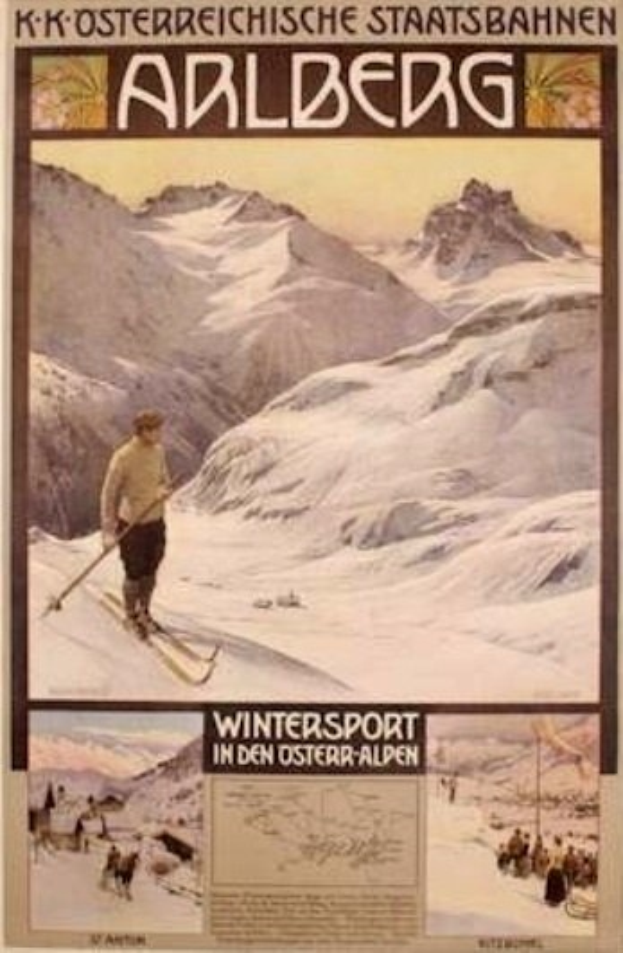 Ein Plakat, das Wintersport in den österreichischen Alpen bewirbt, mit einem Skifahrer, anderen Menschen, Bergen und Text.