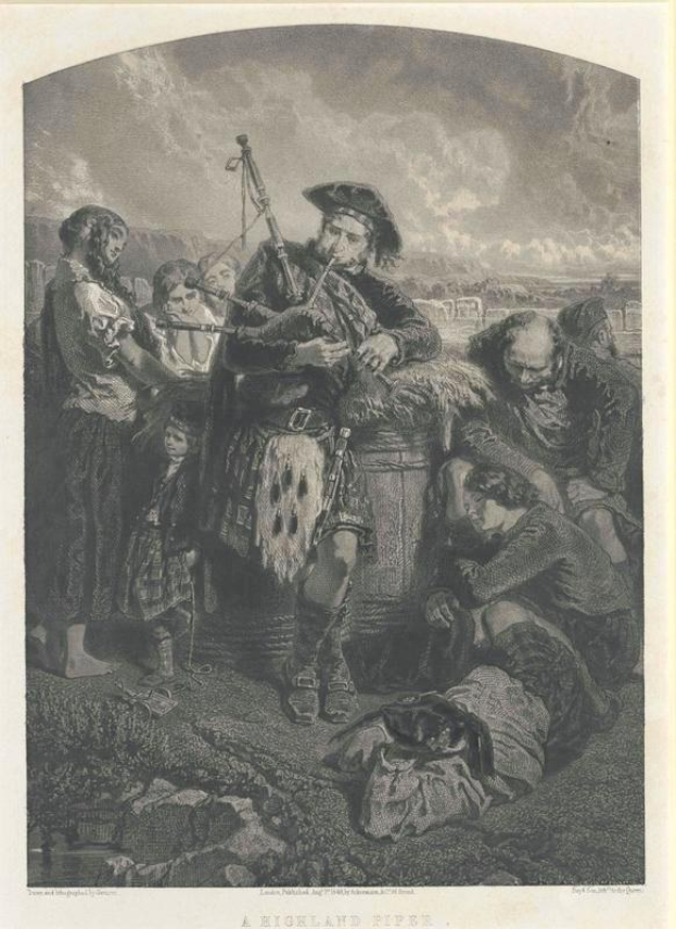 Schwarze und weiße Gravur eines Mannes, der vor einem Publikum eine Dudelsackpfeife spielt, mit dem Text "Ein Highland Pipe" unten.
