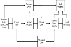 Ein Ablaufdiagramm, das die Arten von medizinischen Kosten im Zusammenhang mit Vorerkrankungen, Gesundheit und Gesundheitsergebnissen zeigt, mit Kästchen, die "Vorerkrankungen", "Gesundheit", "Versicherung" und "Kosten" beschriften und durch Pfeile verbunden sind und weiter in Unterabschnitte unterteilt sind.
