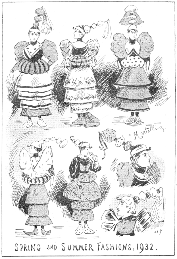 Eine Zeitung mit einer Zeichnung mehrerer Frauen in modischen Kleidern der Frühjahrs- und Sommerkollektion 1932 sowie begleitendem Text.