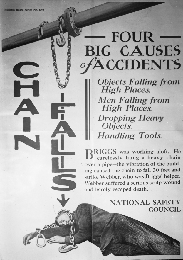 Ein Schwarz-Weiß-Plakat mit einer Person auf einem Pfahl liegend und Ketten daran befestigt, begleitet von dem Text "Vier große Unfallursachen".